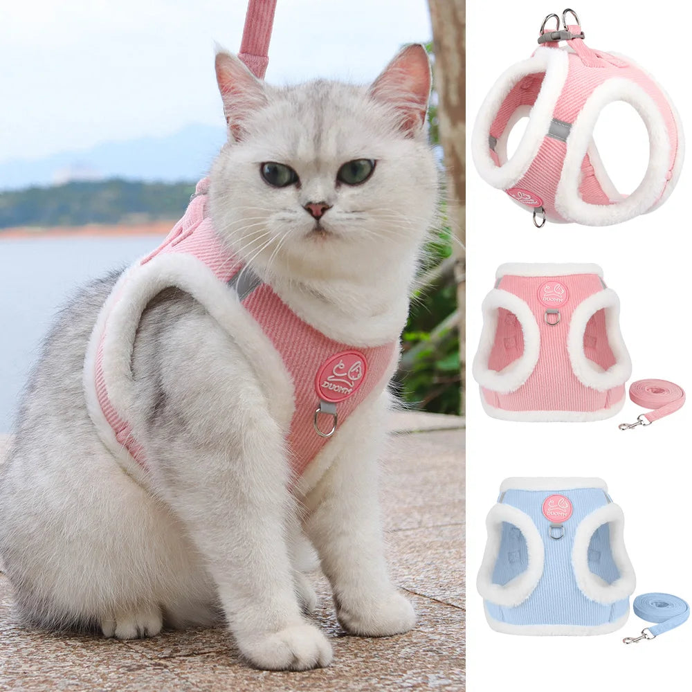 Rabbit Fur Cat Dog Harness and Leash Set Winter Pet Outdoor Walking Supplies Reflective Adjustable Kitten Puppy Gatos Harnesses